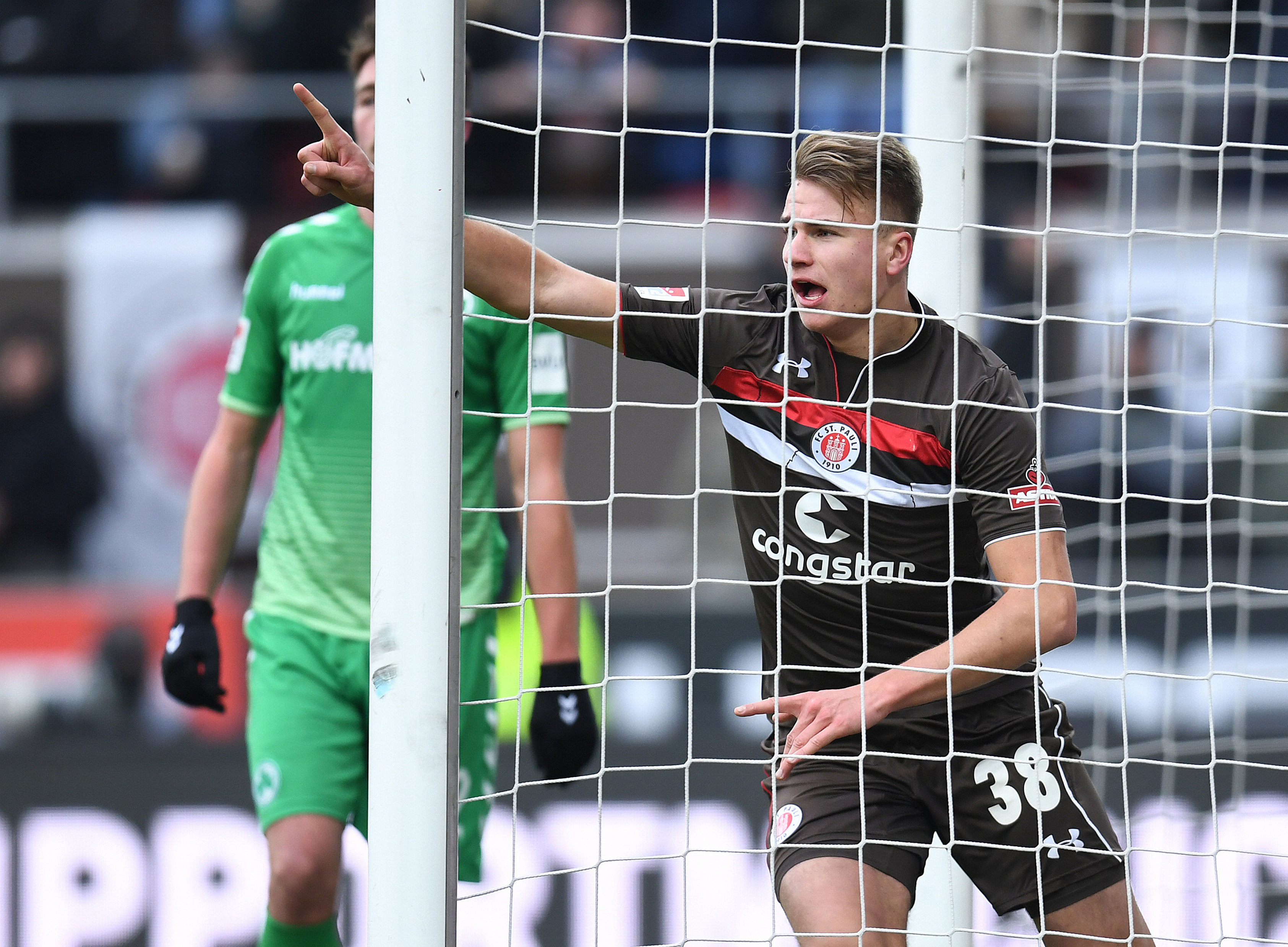 Florian Carstens celebrates his first senior goal on his fifth second-division appearance.