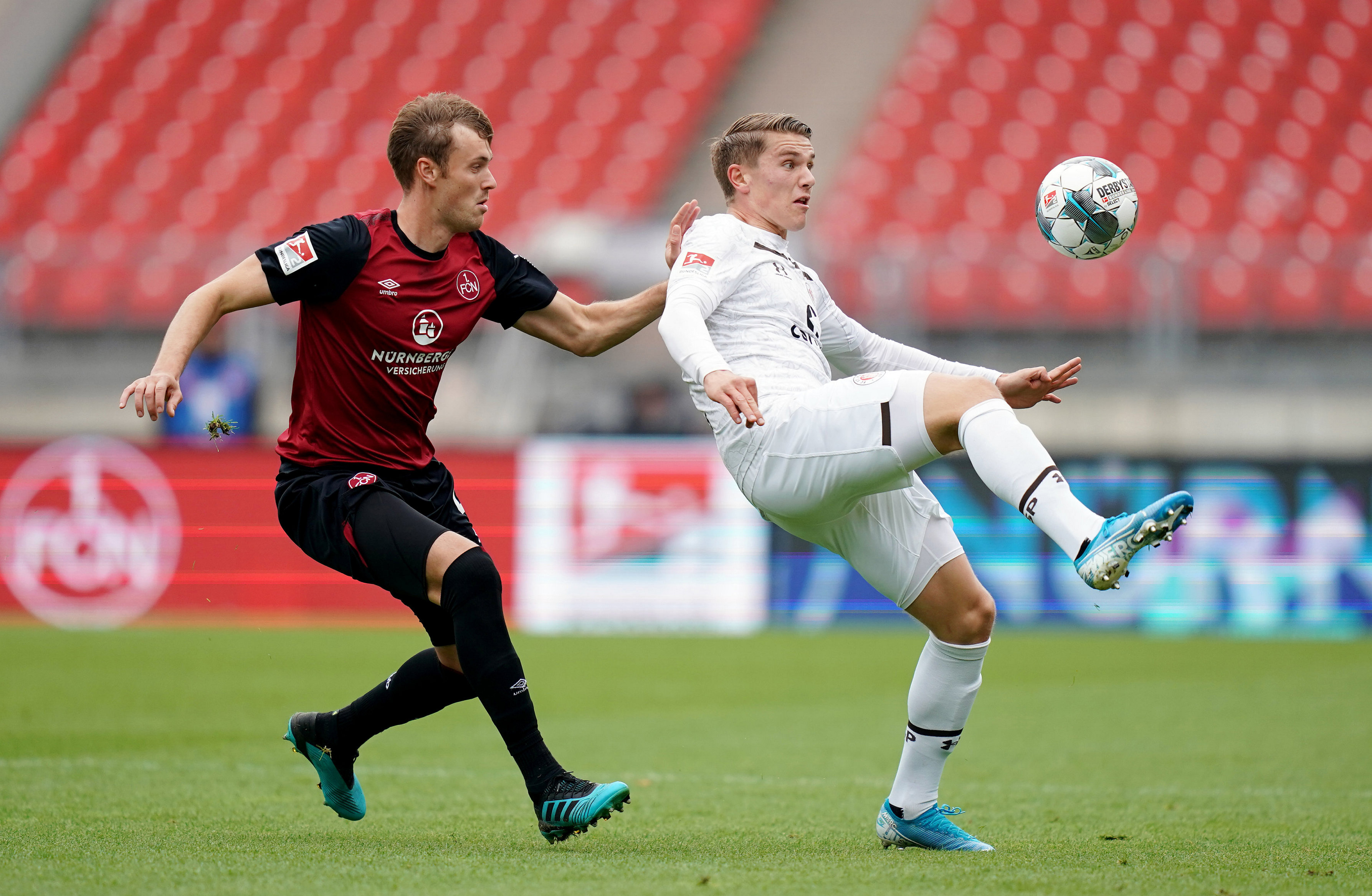 Nürnberg's Asger Sörensen, seen here challenging Viktor Gyökeres in the reverse fixture, has already been sent off twice this season.